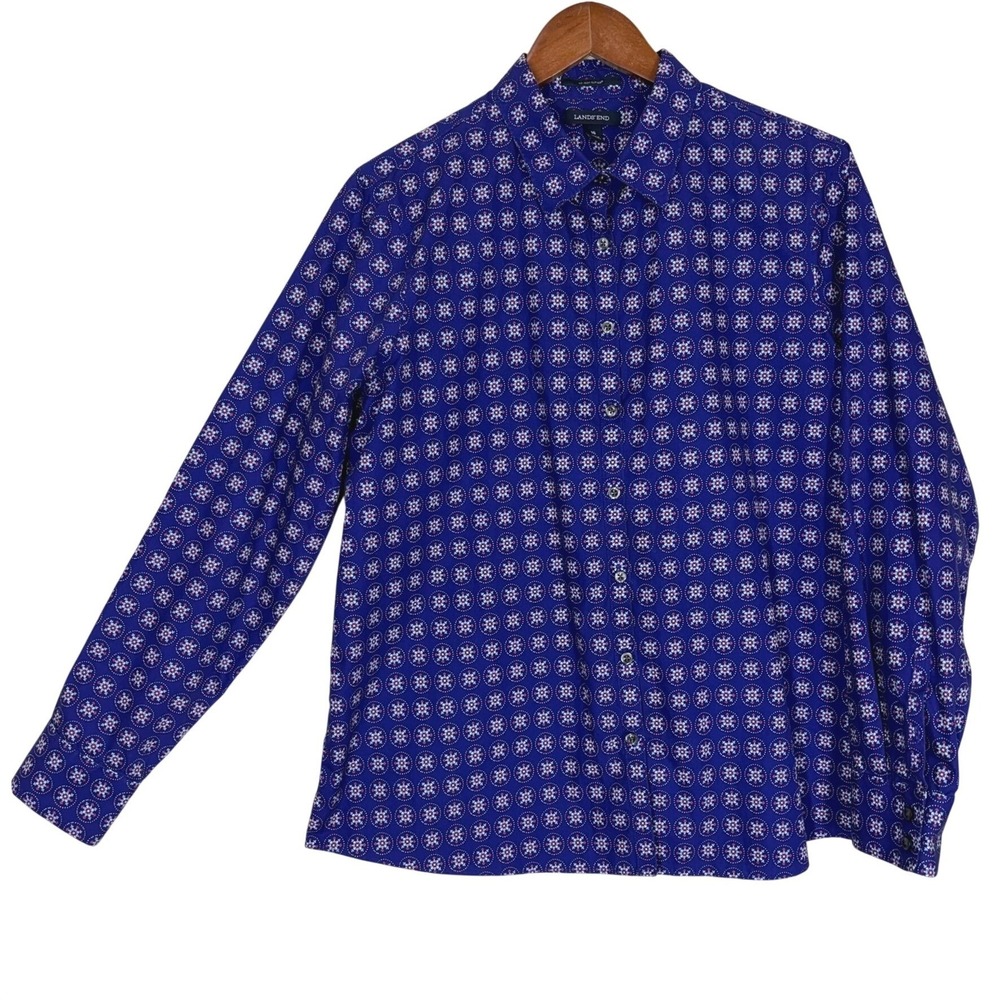 Lands End Womens Button Up 16 Purple Medallion Supima Cotton Long Sleeve No Iron